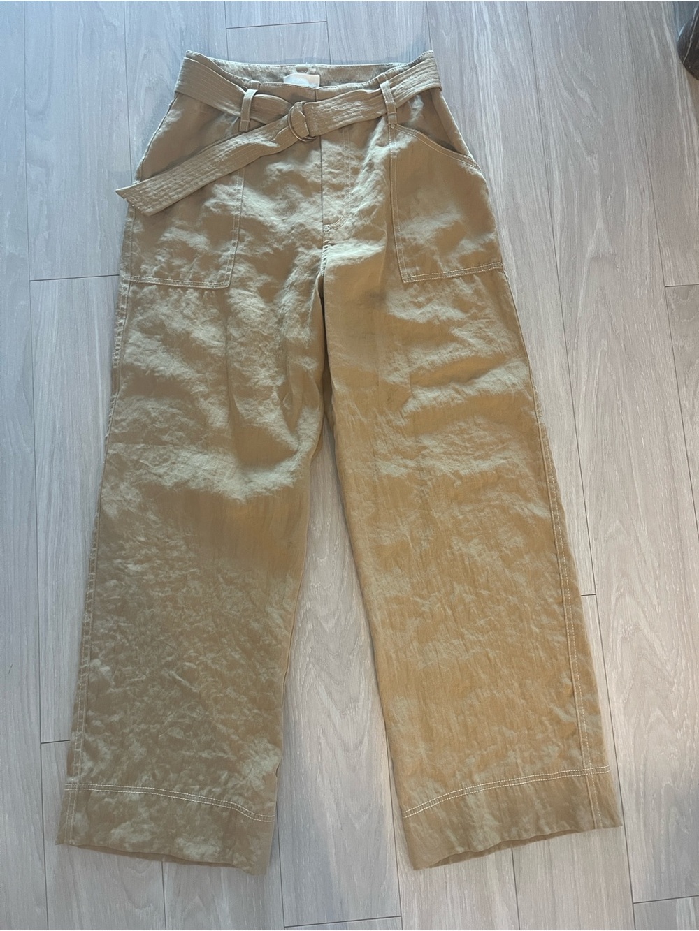 H&M Wide Belted Trousers Beige High Rise Wide Leg Size
